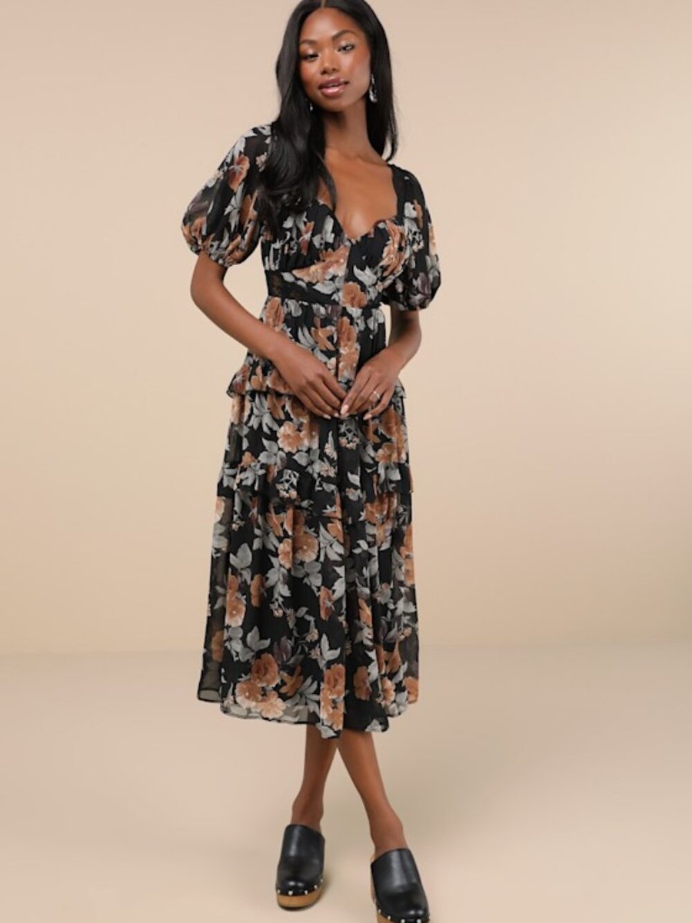 NWT Lulus Fawning Favorite Black Floral Lace Tiered Lace-up Midi Dress - Size M